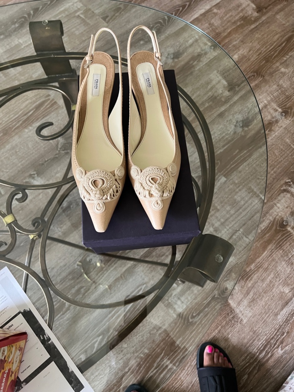 Prada Beige Embellished Pointed Toe Slingback Mules